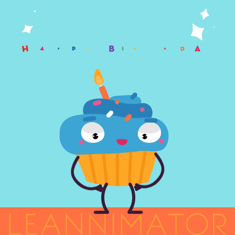 Cartoon gif. A cartoon cupcake with blue frosting tosses the words "Happy birthday" into the air amid sparkling motifs. 