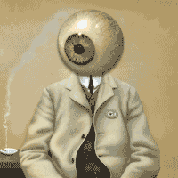 Illustrated gif. A drawing of a man with an enormous eyeball for a head rocks its shoulders rhythmically back and forth. 