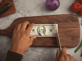 Video gif. A twenty dollar bill is being cut up quickly and precisely on a chopping board. There are vegetables laying around the chopping board.