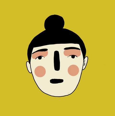 Illustrated gif. The listless face of a person with a topknot splits in half down the middle like a sandwich.