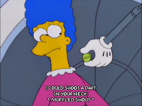 Dramatic animated GIF depicting a dart swiftly flying and striking a person's neck with a visible impact.
