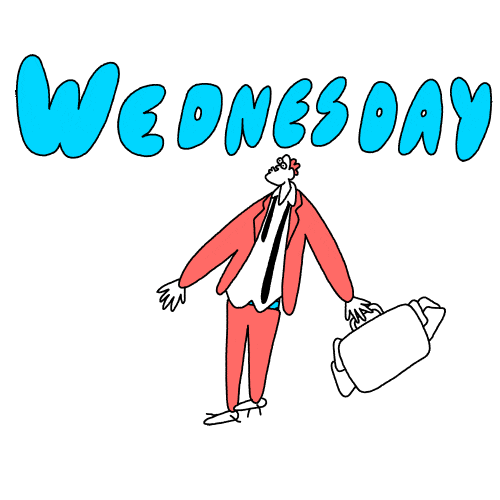 Digital art gif. A man with long arms and a little head waves his disheveled body as he carries a briefcase with papers sticking out of it. Blue bubble letters above him. Text, "Wednesday"