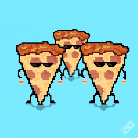 Digital art gif. Three pixelated pieces of pepperoni pizza wearing sunglasses dance back and forth.
