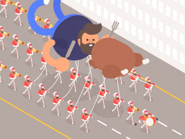 Digital art gif. Hovering over a marching band in a Thanksgiving parade, a balloon of a smiling man holding a fork and knife floats behind a balloon of a giant turkey.