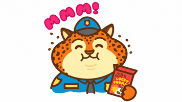 Movie gif. A 2D chibi cartoon of a chubby leopard police officer from Zootopia, chewing with his mouth full as crumbs fly into the air. In his hand is an open box labeled "Lucky Chomps." Text, "Mmm!"