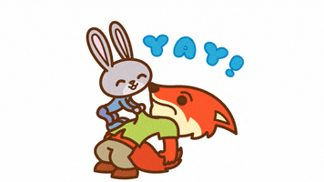 Cartoon gif. Judy and Nick from Zootopia are drawn in fan art. Judy is on top of Nick's torso and pulls at him cutely while he leans back, supporting both of them on his hind legs. Text, "Yay!"