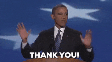 Political gif. Barack Obama addresses a crowd with his hands up and smiles, while saying, "Thank you!"