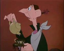 Disney gif. Ichabod Crane from The Legend of Sleepy Hollow pours tea into an overflowing cup, haltingly reeling his head backwards in fear.