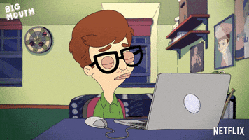 Cartoon gif. Andrew Glouberman in Big Mouth sits at his desk in his room, with his laptop in front of him. He has his eyes closed as he bangs his head straight into his laptop keyboard.