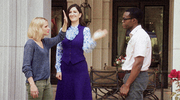 TV gif. Kristen Bell as Eleanor in The Good Place holds up a hand for D'Arcy Carden as Janet to give her an excited high five as William Jackson Harper as Chidi looks on. Flashing text, “*High Five*.”