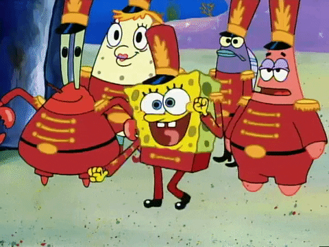 SpongeBob SquarePants gif. Dressed in marching band uniforms, Mr Krabs, Patrick, and others stand next to SpongeBob, who waggles his tongue and dances, way more excited than anyone.