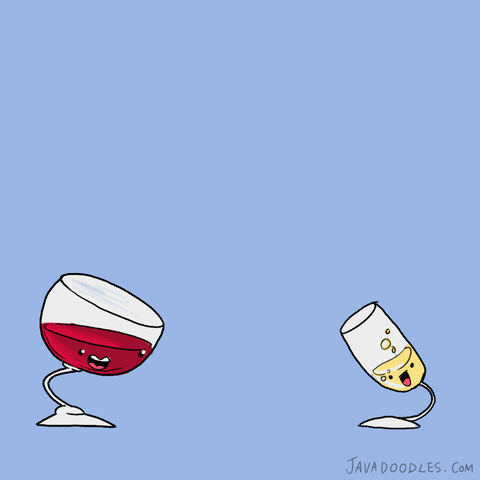 Animovaný pohyblivý obrázek se sklenicí vína a šampaňského, skákající k sobě k přípitku. 