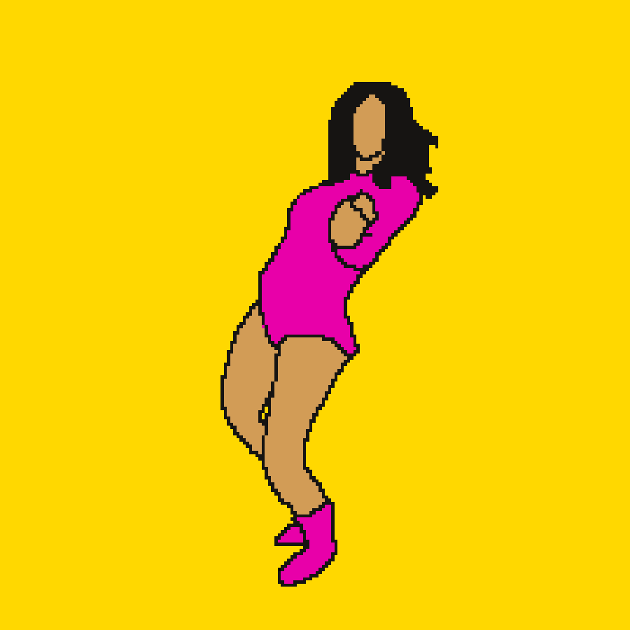 Digital art gif. Pixelated woman in a pink one piece long sleeve and matching booties leans back and grooves, moving her shoulders back and forth.