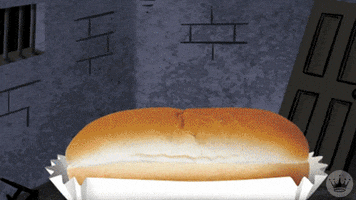 Video gif. A hot dog bun opens, revealing a hotdog lying inside. The hot dog stands up, opening its eyes and showing its vampire teeth, moving towards us. Text, “Happy Halloweenie.”