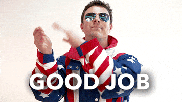 Video gif. A man in star-spangled ski gear and reflective aviators slow claps. Text, "Good job!"