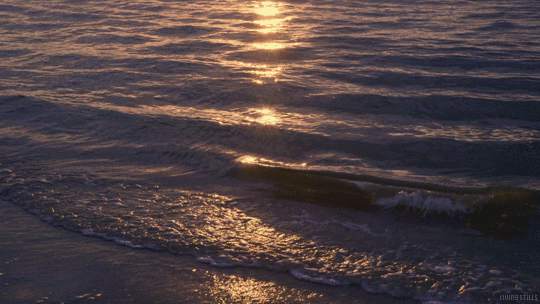Waves break under a setting sun