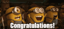 Movie gif. An audience of Minions from Despicable Me cheers, claps, and gives thumbs up. Text, "Congratulations!"