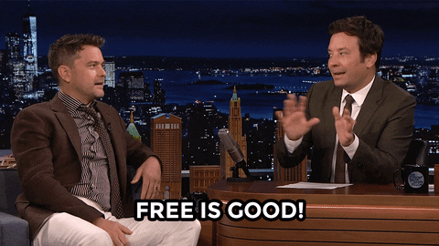Gif of Jimmy Fallon saying "Free is good!" and guest responding "Free is great!"