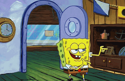 SpongeBob gif. Spongebob shoots finger guns with a sly grin, attempting to look cool as he backs out of the room.
