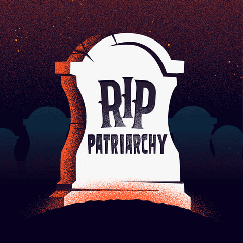 Illustrated gif. Spooky splattered night sky, tombstones rotating through reading, "RIP patriarchy, RIP abortion bans, RIP racism."