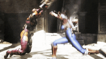 Video game gif. Voldo flips toward Taki, engaging her in a fight as she kneels to defend against the blow.