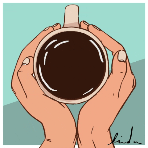 Cartoon gif. A pair of hands wrap around a swirling mug of hot coffee. The cream forms the words "I love you" and two little hearts across the surface. 