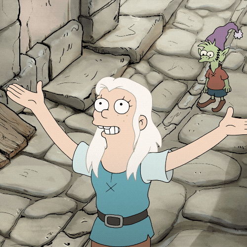 Cartoon gif. Standing on cobblestone pavement, Princess Bean from Disenchanted holds her arms up wide, and a pile of sludgy garbage falls onto her face, while Elfo looks on in the background.