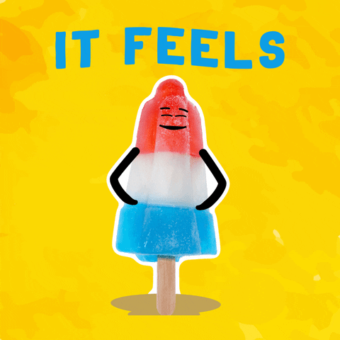 Video gif. A red, white, and blue popsicle is melting and it waves its arms up and down. Text, "It feels like summer!"