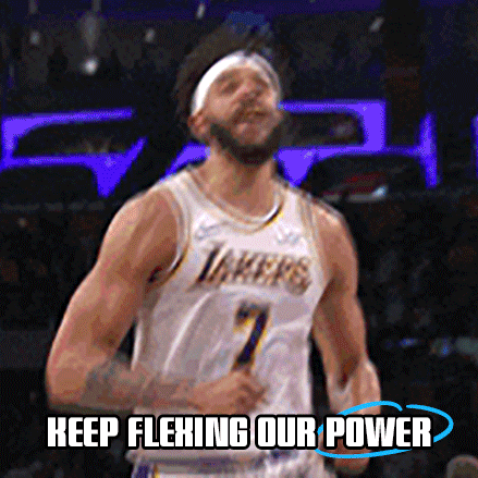 Sports gif. LA Laker JaVale McGee flexes his arms in excitement as he runs off the court. Text, "Keep flexing our power."