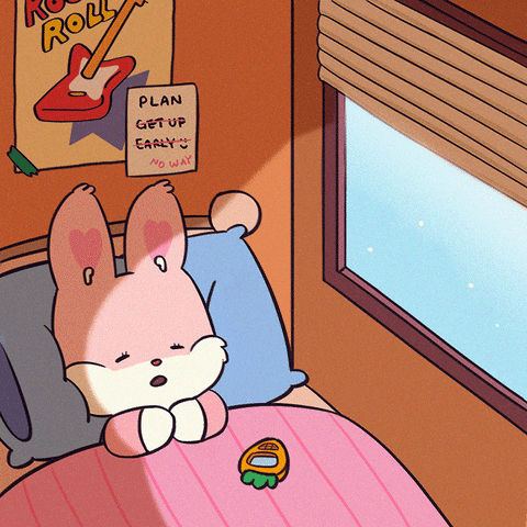 Kawaii gif. A pink rabbit lies asleep in bed as the light of dawn shines through a window. A carrot-shaped cell phone sits on the bed, and on the wall behind it are a poster of an electric guitar and a note. The note reads: "Plan." "Get up early" and a smiley face have been crossed out and replaced with "No way."