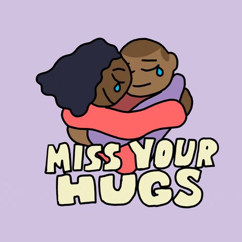 Illustrated gif. Two people are embracing with tears streaming down their face and their arms wrapped tightly around each other. Their hug transforms into a heart and the text reads, "Miss your  hugs."