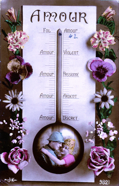 Video art gif. Image of a couple at the base of a thermometer, which steadily rises to the top labeled, in French, "Amour." Pink and red hearts bubble up from the base and float around the flowers at the edges.