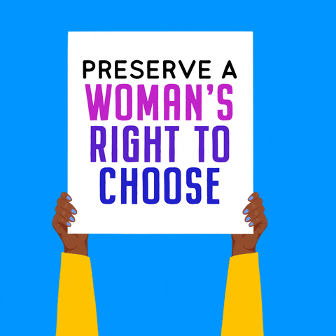 Illustrated gif. Pair of hands lift a white sign on a sky blue background. Text on sign, "Preserve a woman's right to choose."