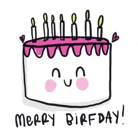 Illustrated gif. Pink and white birthday with seven birthday candles smiles at us with a cute face. Heart float above the cake. Text, “Merry Birfday.”