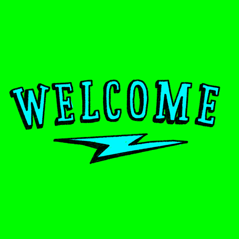 Text gif. Blinking neon letters hang above an 1980s style lightning bolt on a green background. Text, "Welcome".