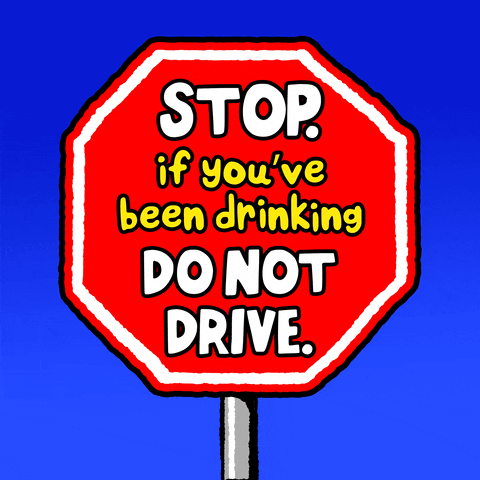 Text gif. Red octagon on a blue background with the message, "Stop, If you've been drinking, Do not drive."