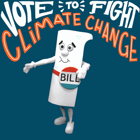 Digital art gif. Person in a life-size costume designed to look like a rolled-up piece of paper with a pin on it that says "Bill," wipes beads of sweat from their brow, fanning themselves. Text above the bill's head reads, "Vote to fight climate change," everything against a dark navy background.