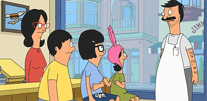 TV gif. We see the whole Belcher family from Bob's Burgers gathered around the counter near the front of the restaurant. A sad Tina slouches on her stool, slides down the side of the counter, and falls onto her back on the floor. Text, "Ugh."