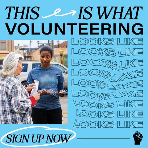 Digital art gif. Revolving photos against sky blue, all of Black and white volunteers smiling, talking, shaking hands, holding clipboards, and handing out flyers to Black and white constituents in a familiar American neighborhood, alongside mismatched lettering, emphasizing doodles, and fist raised in solidarity. Text, "This is what volunteering looks like, sign up now."