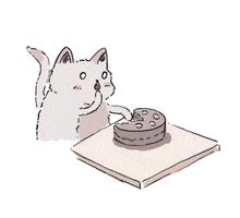 Illustrated gif. A grey cat endlessly throws bites of cake into his mouth, chomping stoically.
