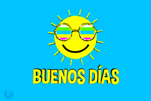 Digital art gif. A yellow sun wearing colorful sunglasses smiles as its rays circle around its face. Yellow text on teal background says "Good morning" in Spanish, "buenos dias."