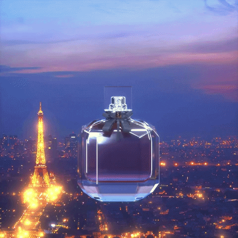 Ad gif. YSL perfume in a square glass bottle swims around in the sky over Paris at night. The lid lifts off and perfume sprays out. Text, “Love.”