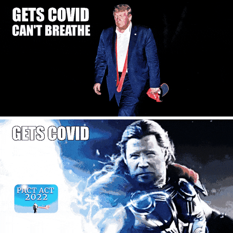 Movie gif. Split screen. At the top, we see a defeated Trump walking with his MAGA hat in hand. Text, “Gets COVID can’t breathe.” At the bottom, we see Chris Hemsworth as Thor, who throws his hammer toward us, and an icon of PACT ACT 2022 appears. Text, “Gets COVID.”