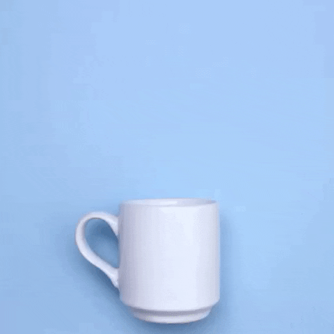 Stop motion gif. A cloud rains coffee beans over a coffee mug and lightning strikes it, cooking the coffee, and a little bit of steam comes out.