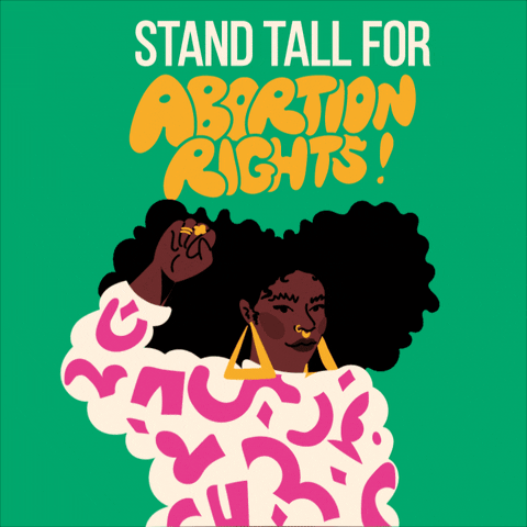 Illustrated gif. Stylish young woman sporting a big wavy afro in front of a kelly green background, pumping her fist in the air below the message, "Stand tall for abortion rights!"
