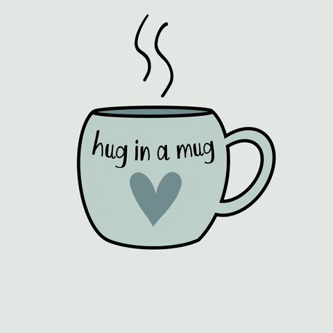 Cartoon gif. A blue steaming mug with a pulsing heart reads "hug in a mug" the words "good morning" appear across the bottom of the image. 