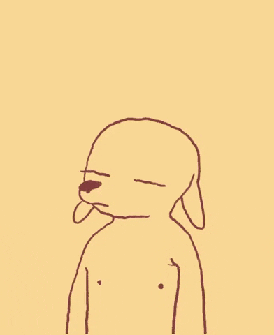Illustrated gif. Dog with a human-like body shrugs his shoulders and has a bored expression on his face. Text, “dunno.”