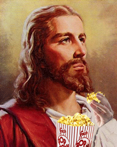 Digital art gif. An animated painting of Jesus, staring blankly and eating popcorn from a movie theater popcorn box.