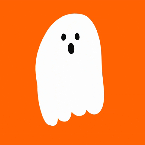 Illustrated gif. White ghost looks scary and says "Boo!" then smiles, surrounded by tiny pink hearts.