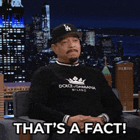 Celebrity gif. Wearing a black LA Dodgers cap and a black Dolce & Gabbana sweatshirt, Ice T on The Tonight Show sits in a guest chair with his fingers linked across his lap. Casually, he says: Text,